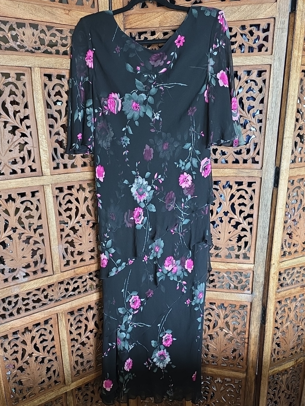 Vintage Black Maxi Dress with Pink Floral Print